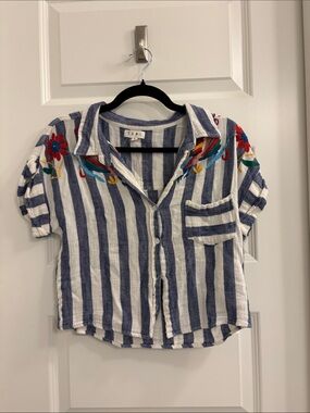 THML Blue and White Striped Button-Front Shirt with Floral Embroidery
